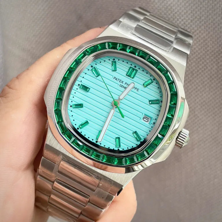 Patek Philippe men's watch with tiffany face and baguette stones,