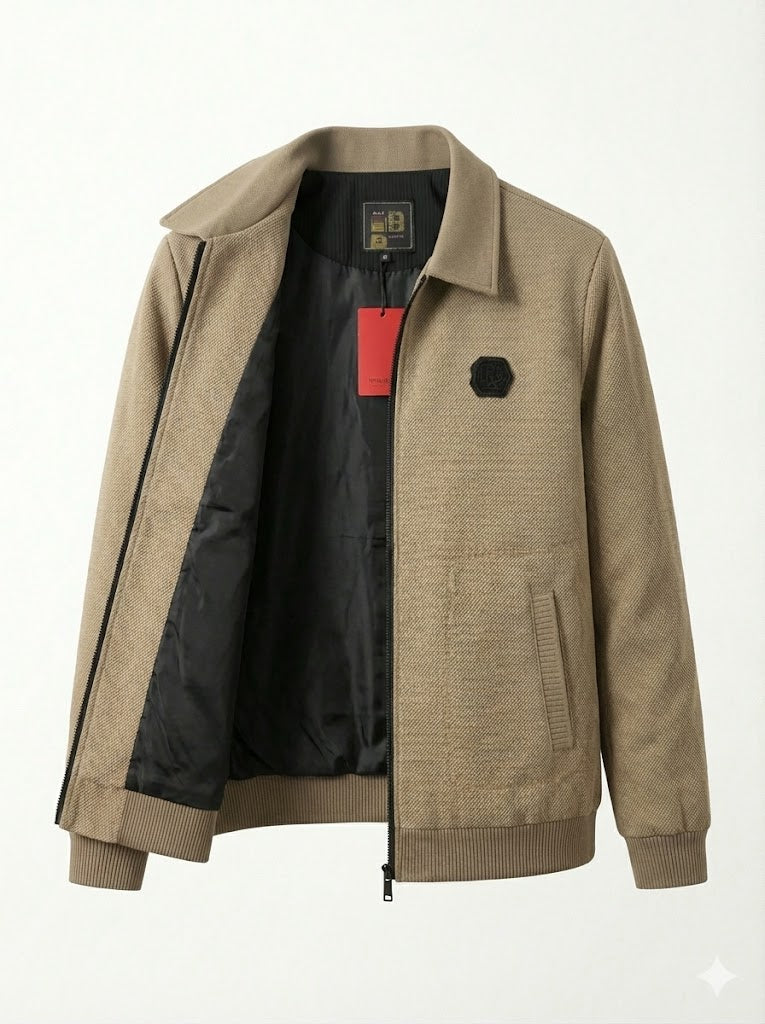 Beige Textured Zip-Front Harrington Jacket
