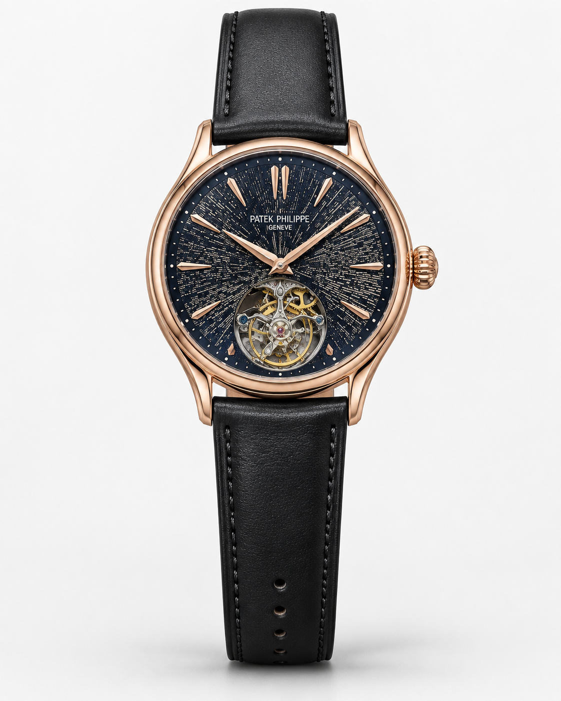 Patek Philippe Geneve Rose Gold Tourbillon with Ice Blue Textured Dial & Black Leather Strap
