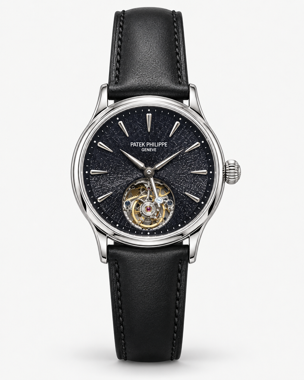 Patek Philippe Geneve Rose Gold Tourbillon with Ice Blue Textured Dial & Black Leather Strap