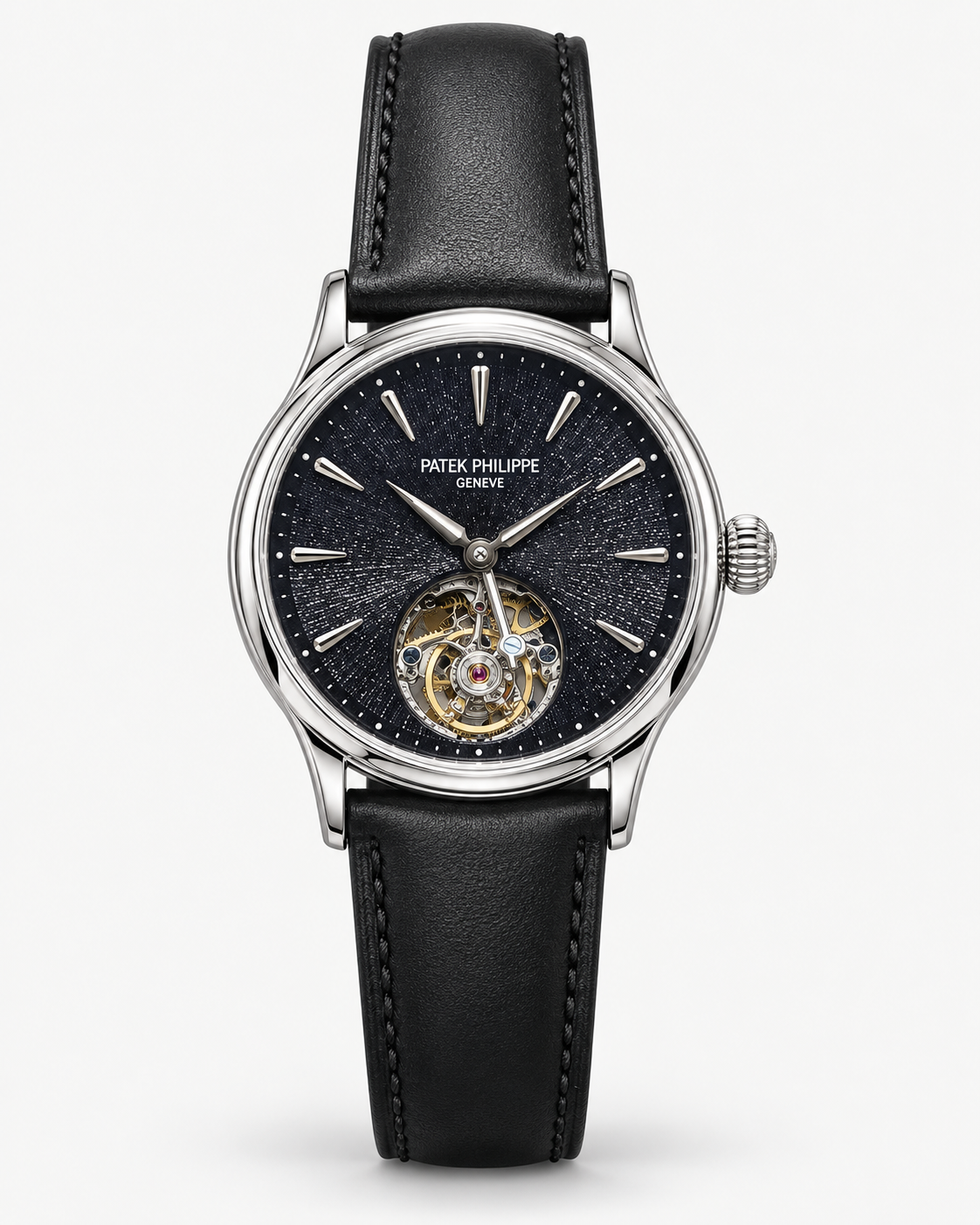 Patek Philippe Geneve Rose Gold Tourbillon with Ice Blue Textured Dial & Black Leather Strap