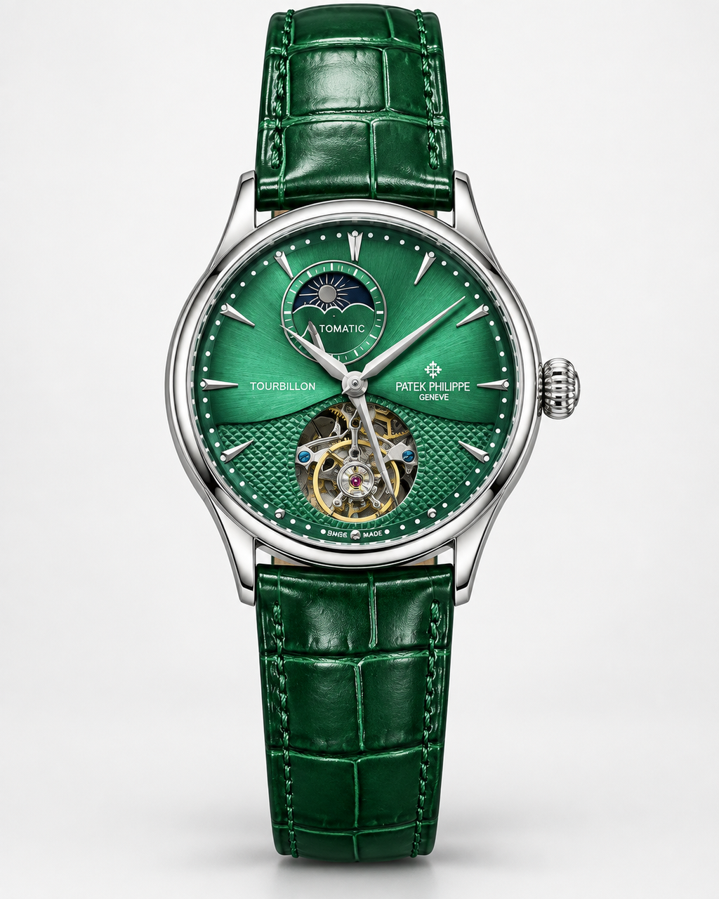 Patek Philippe Geneve Automatic Tourbillon Watch - Green Dial & Leather Strap