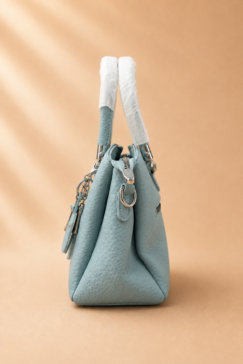 Light Blue Pebbled Faux Leather Satchel Bag with Star Charm