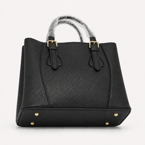 Black Pebbled Leather Satchel Bag – Structured Top-Handle Work Tote with Gold Hardware