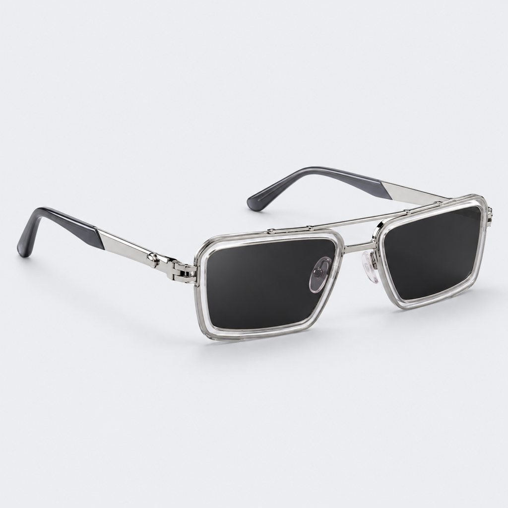Mach-Style Square Aviator Sunglasses – Silver Double-Bridge Clear Frame Tinted Eyewear