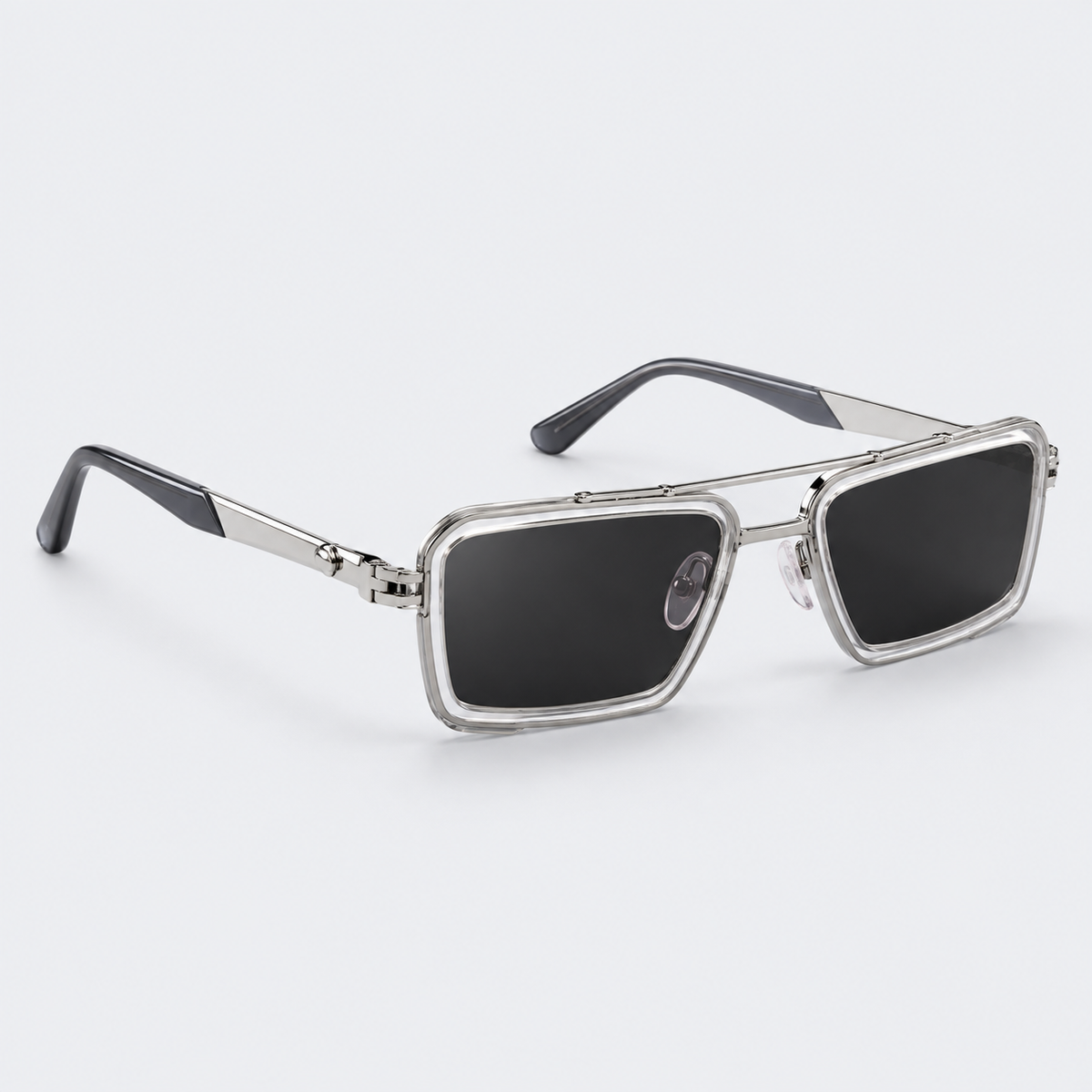 Mach-Style Square Aviator Sunglasses – Silver Double-Bridge Clear Frame Tinted Eyewear