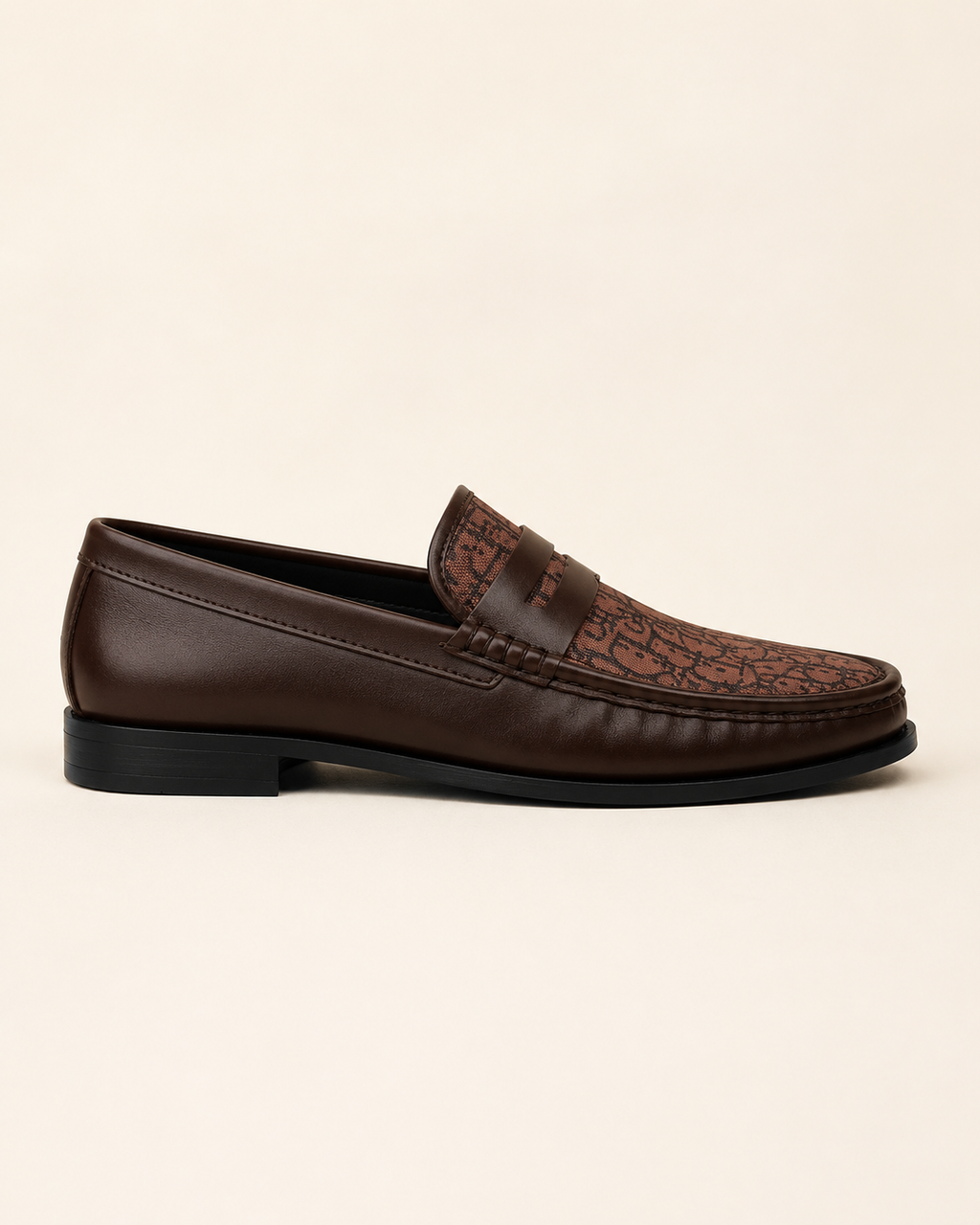 Men's Brown Leather & Monogram Canvas Penny Loafers