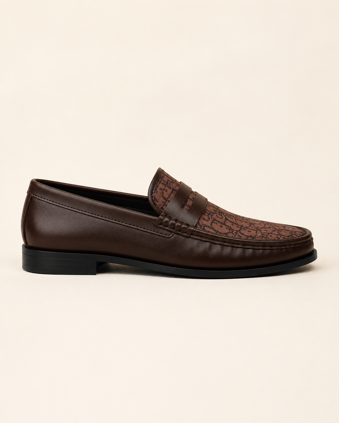 Men's Brown Leather & Monogram Canvas Penny Loafers