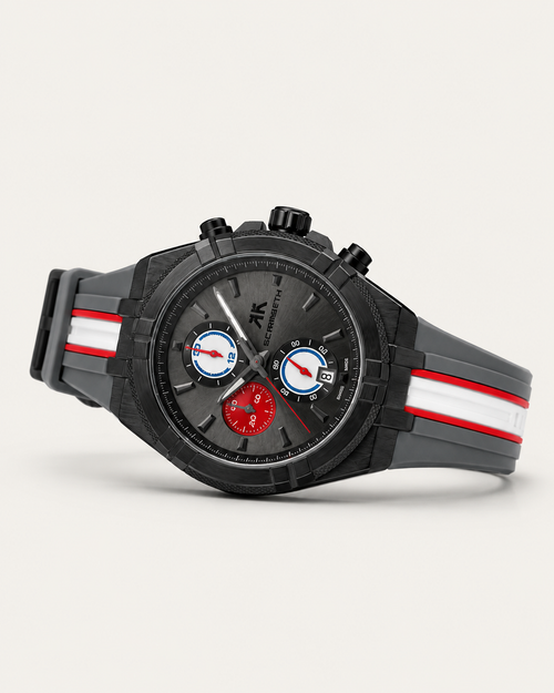 Apex Grand Prix Men's Chronograph – Gunmetal Brushed Steel Sport Watch with Tri-Color Rally Silicone Strap