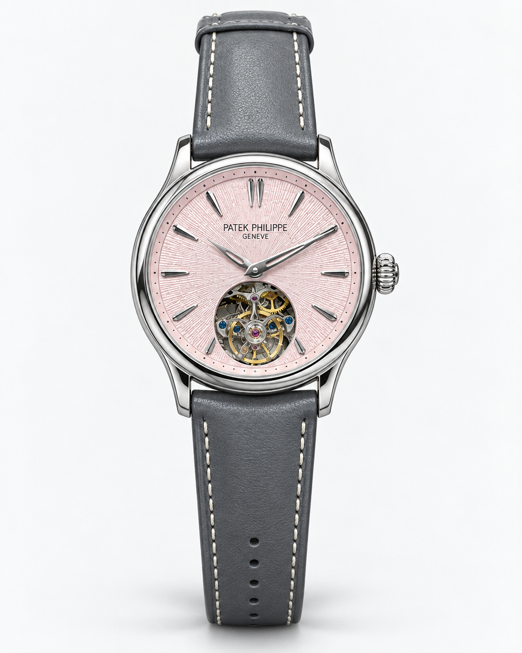 Patek Philippe Geneve Rose Gold Tourbillon with Ice Blue Textured Dial & Black Leather Strap