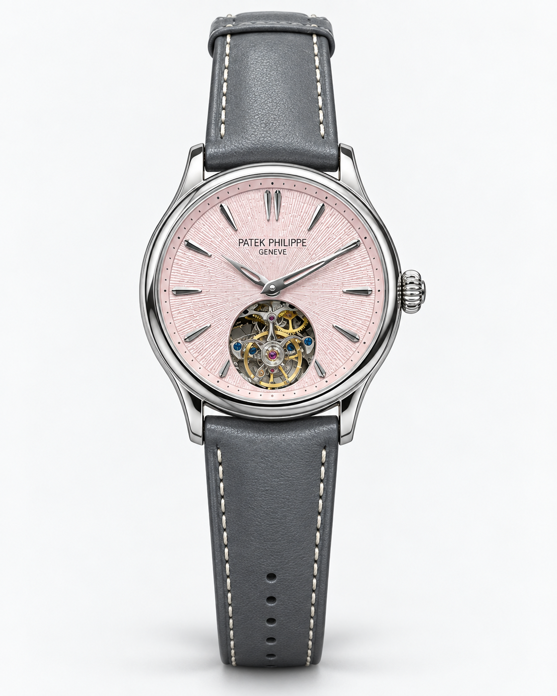 Patek Philippe Geneve Rose Gold Tourbillon with Ice Blue Textured Dial & Black Leather Strap
