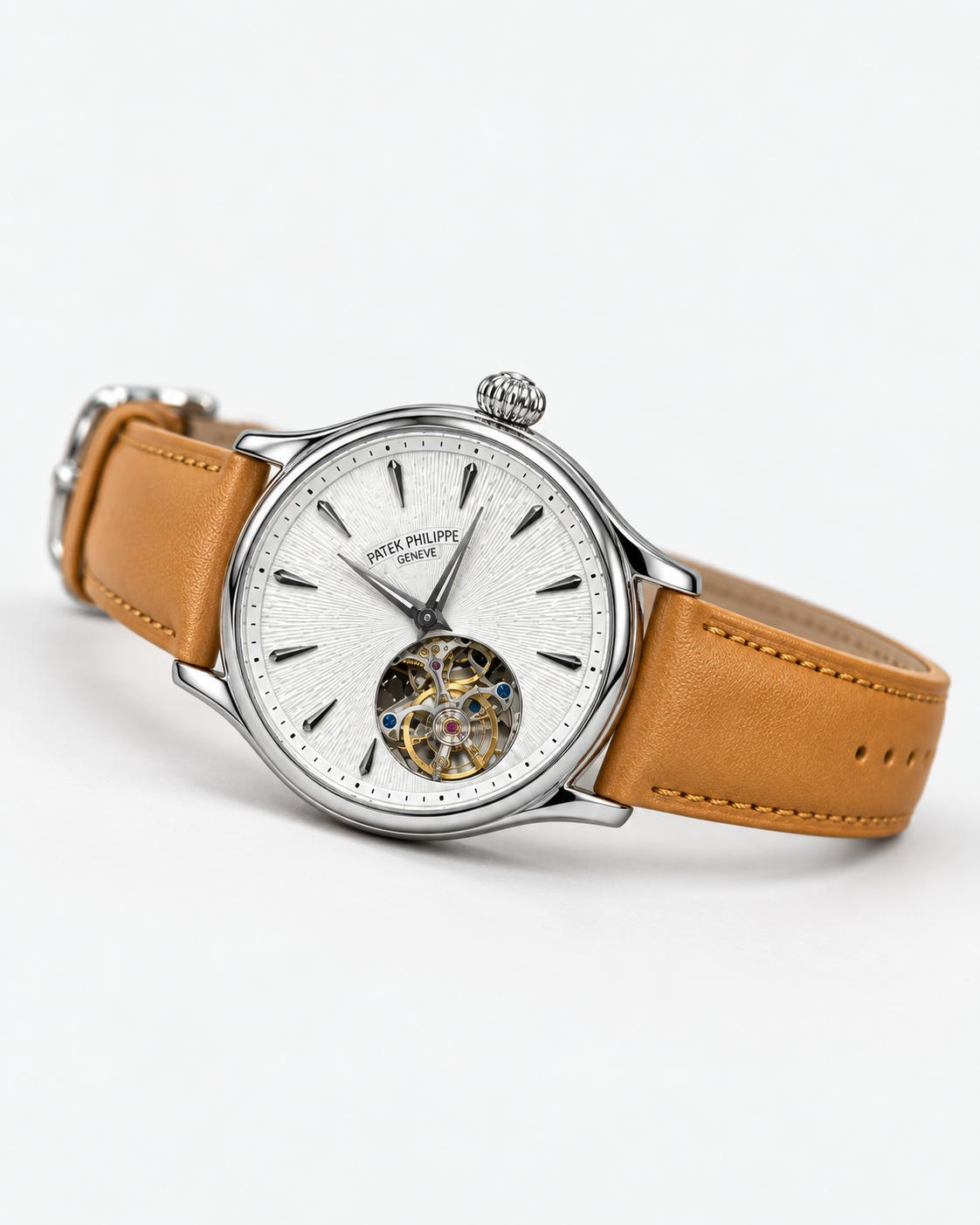 Patek Philippe Geneve Rose Gold Tourbillon with Ice Blue Textured Dial & Black Leather Strap