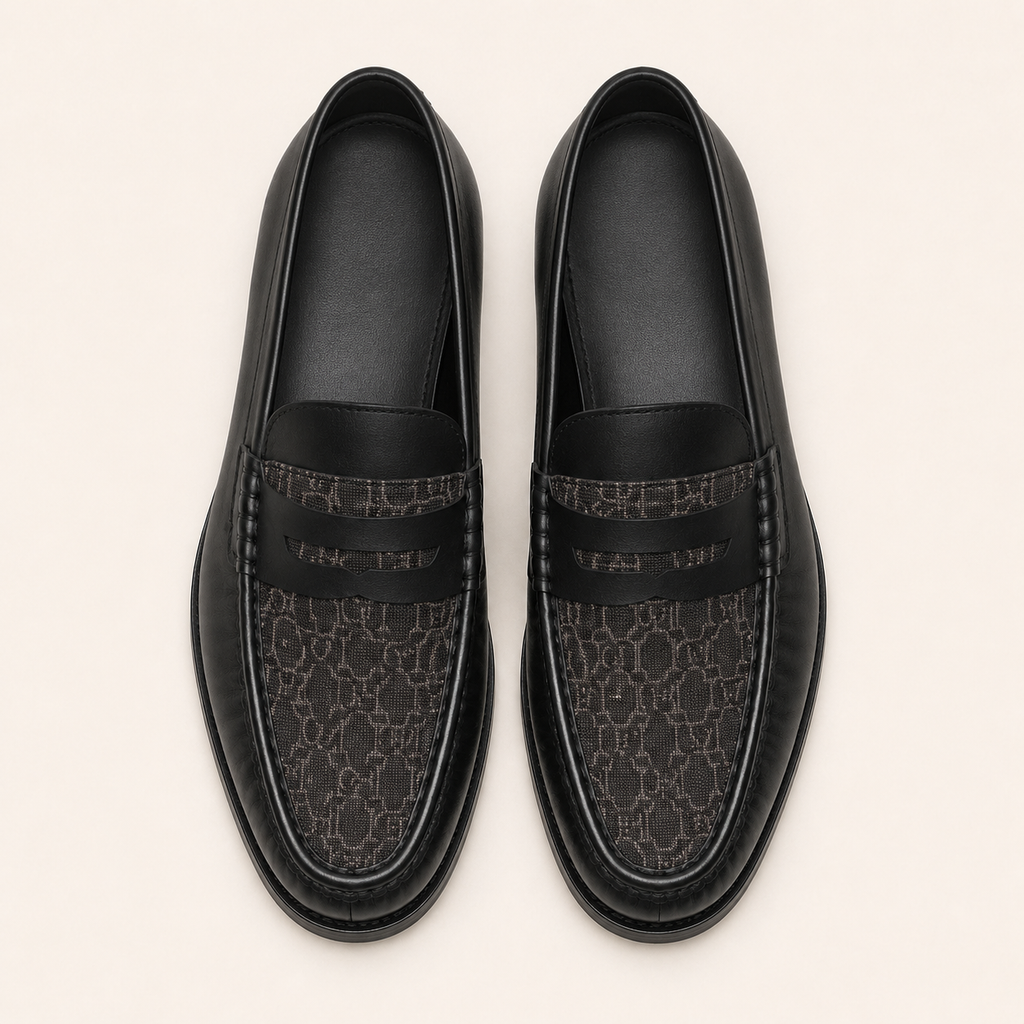 A Classic Men's Black Leather Penny Loafers with Patterned Fabric Vamp