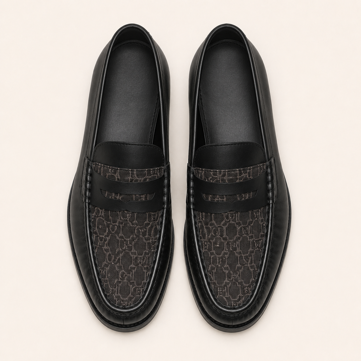 A Classic Men's Black Leather Penny Loafers with Patterned Fabric Vamp