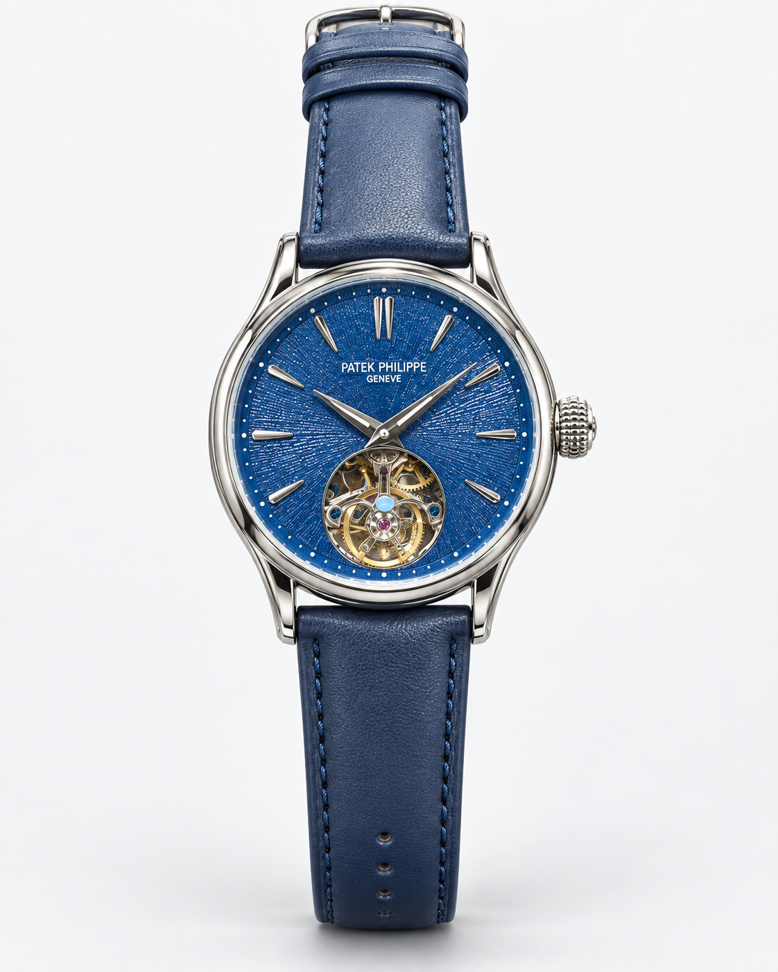 Patek Philippe Geneve Rose Gold Tourbillon with Ice Blue Textured Dial & Black Leather Strap