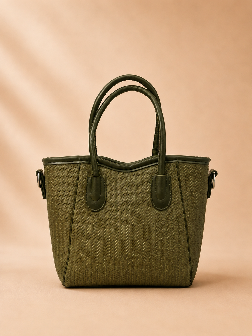 Olive Green Woven-Texture Tote Bag with Rocking Horse Charm
