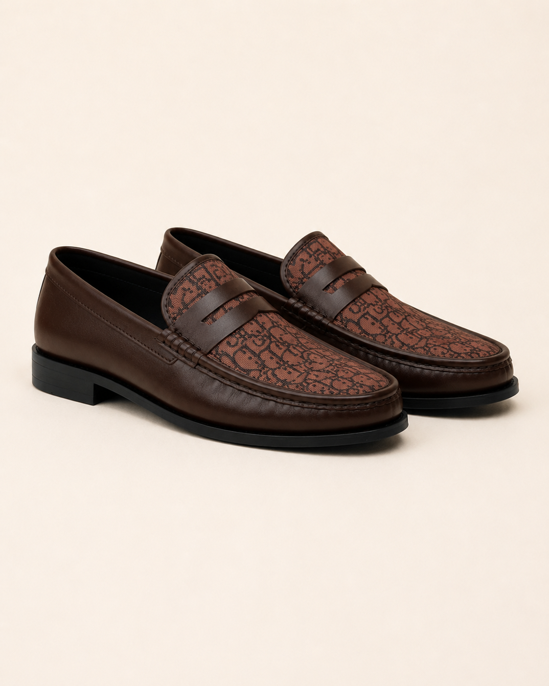 Men's Brown Leather & Monogram Canvas Penny Loafers