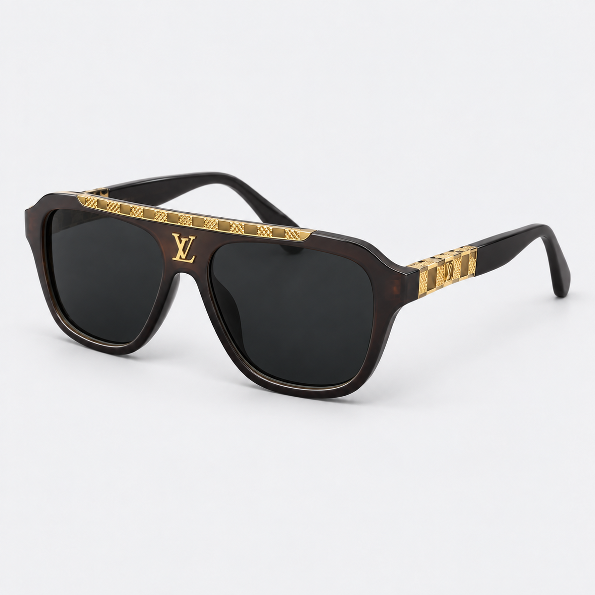 LV Attitude Pilot Sunglasses – Dark Brown Acetate Frame with Damier Gold Bar & Tinted Lenses