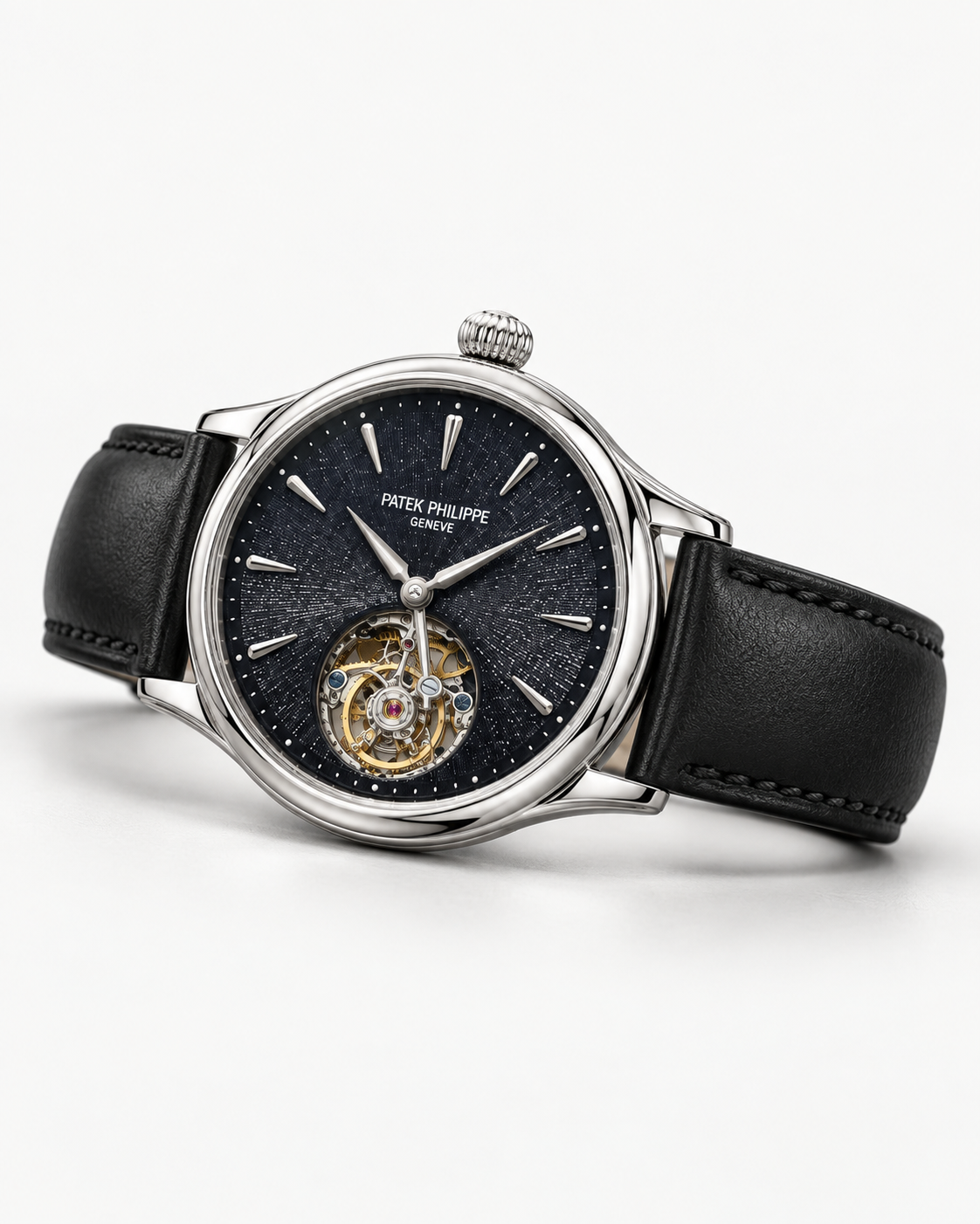 Patek Philippe Geneve Rose Gold Tourbillon with Ice Blue Textured Dial & Black Leather Strap