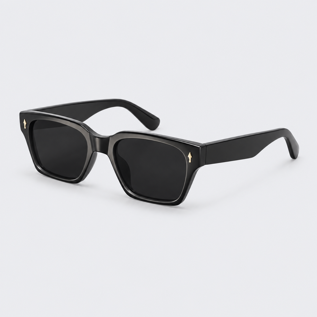 Thick Frame Black Square Sunglasses with Gold Rivets – Polarized Retro Eyewear