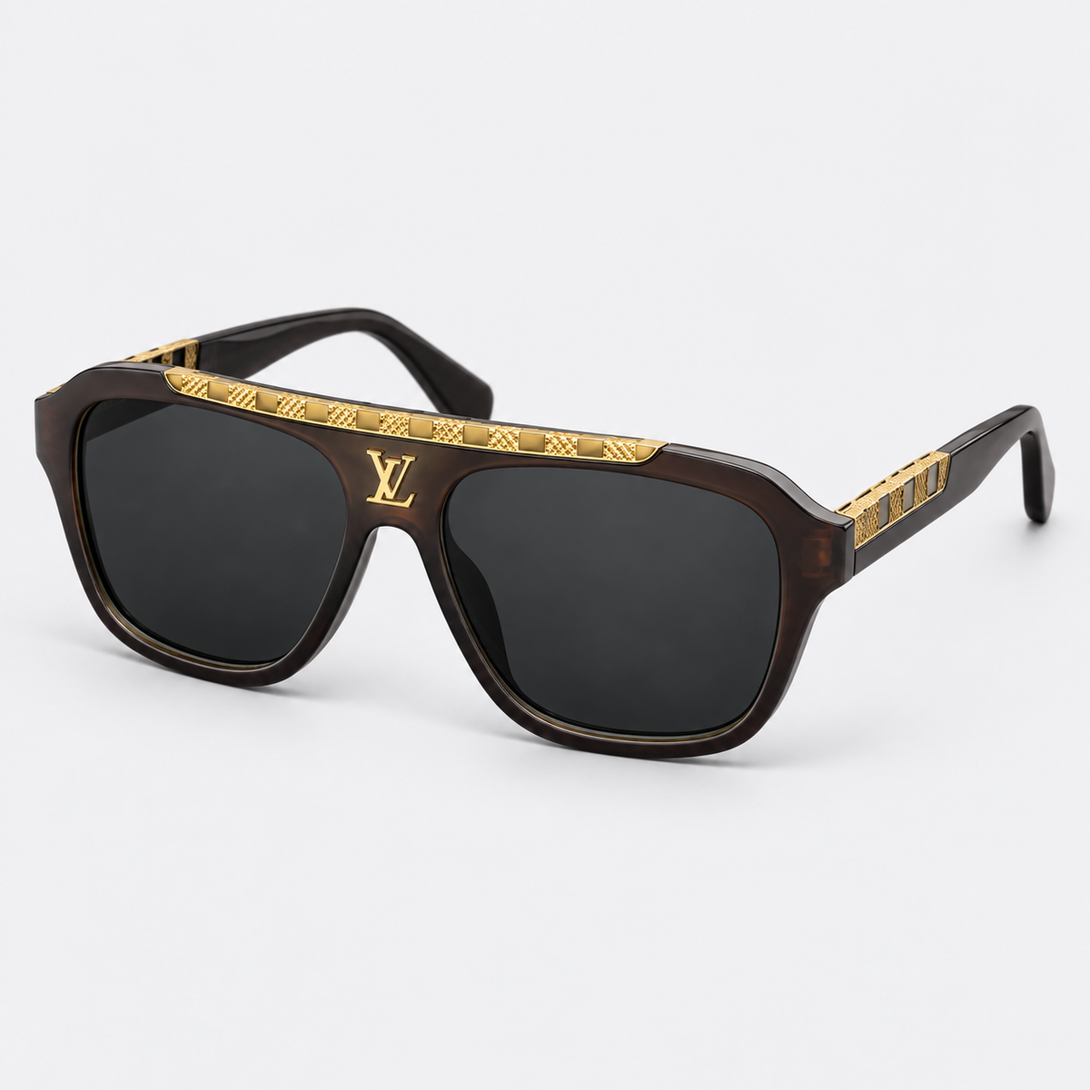 LV Attitude Pilot Sunglasses – Dark Brown Acetate Frame with Damier Gold Bar & Tinted Lenses