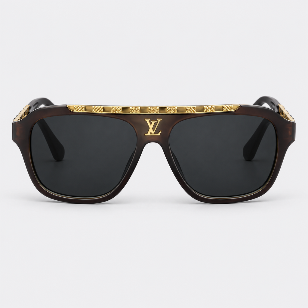 LV Attitude Pilot Sunglasses – Dark Brown Acetate Frame with Damier Gold Bar & Tinted Lenses