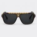 LV Attitude Pilot Sunglasses – Dark Brown Acetate Frame with Damier Gold Bar & Tinted Lenses