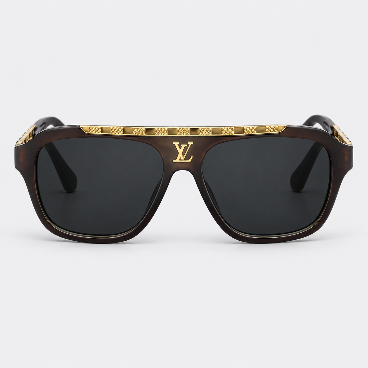 LV Attitude Pilot Sunglasses – Dark Brown Acetate Frame with Damier Gold Bar & Tinted Lenses