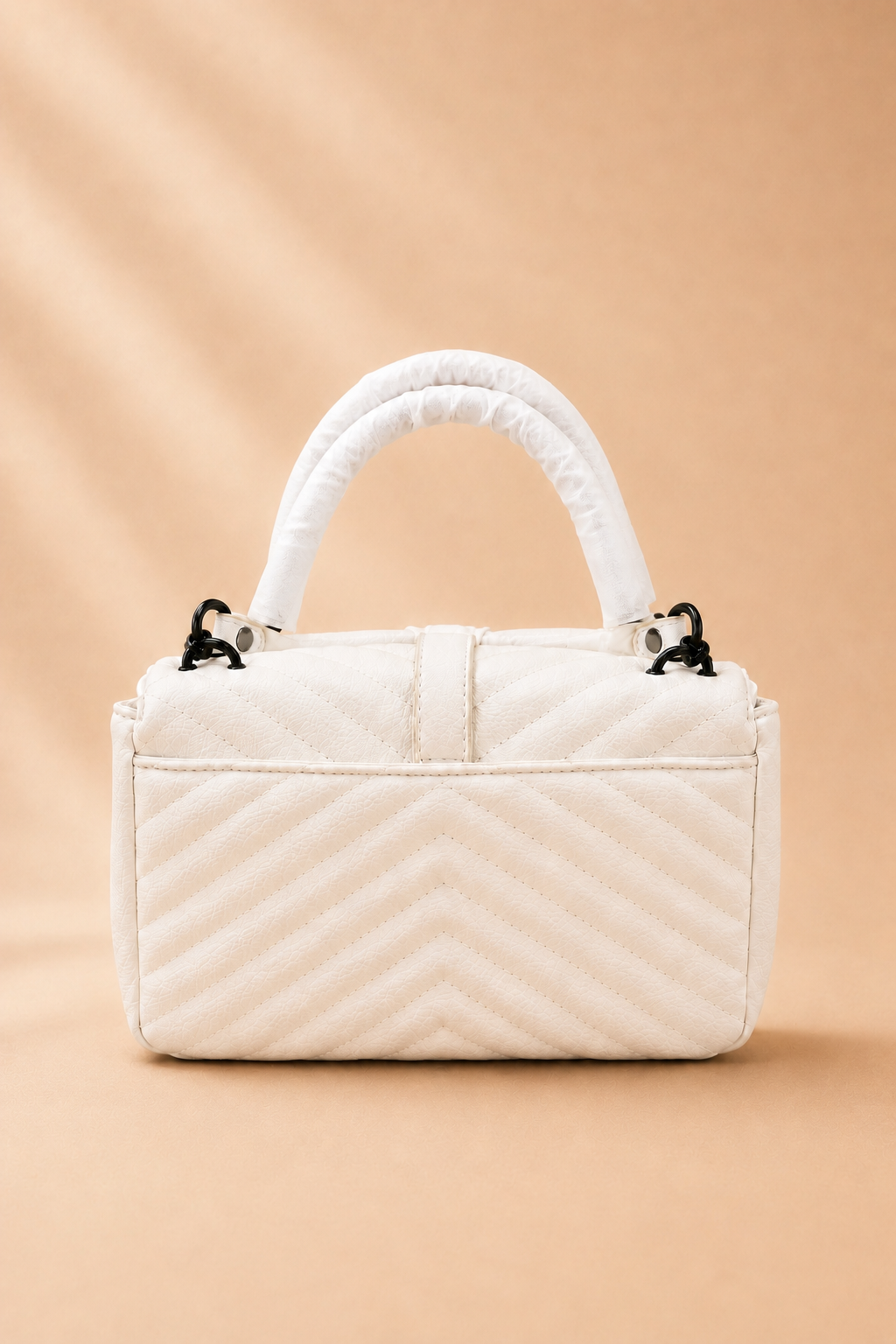 Off-White Chevron Quilted Top-Handle Bag with Matte Black Hardware