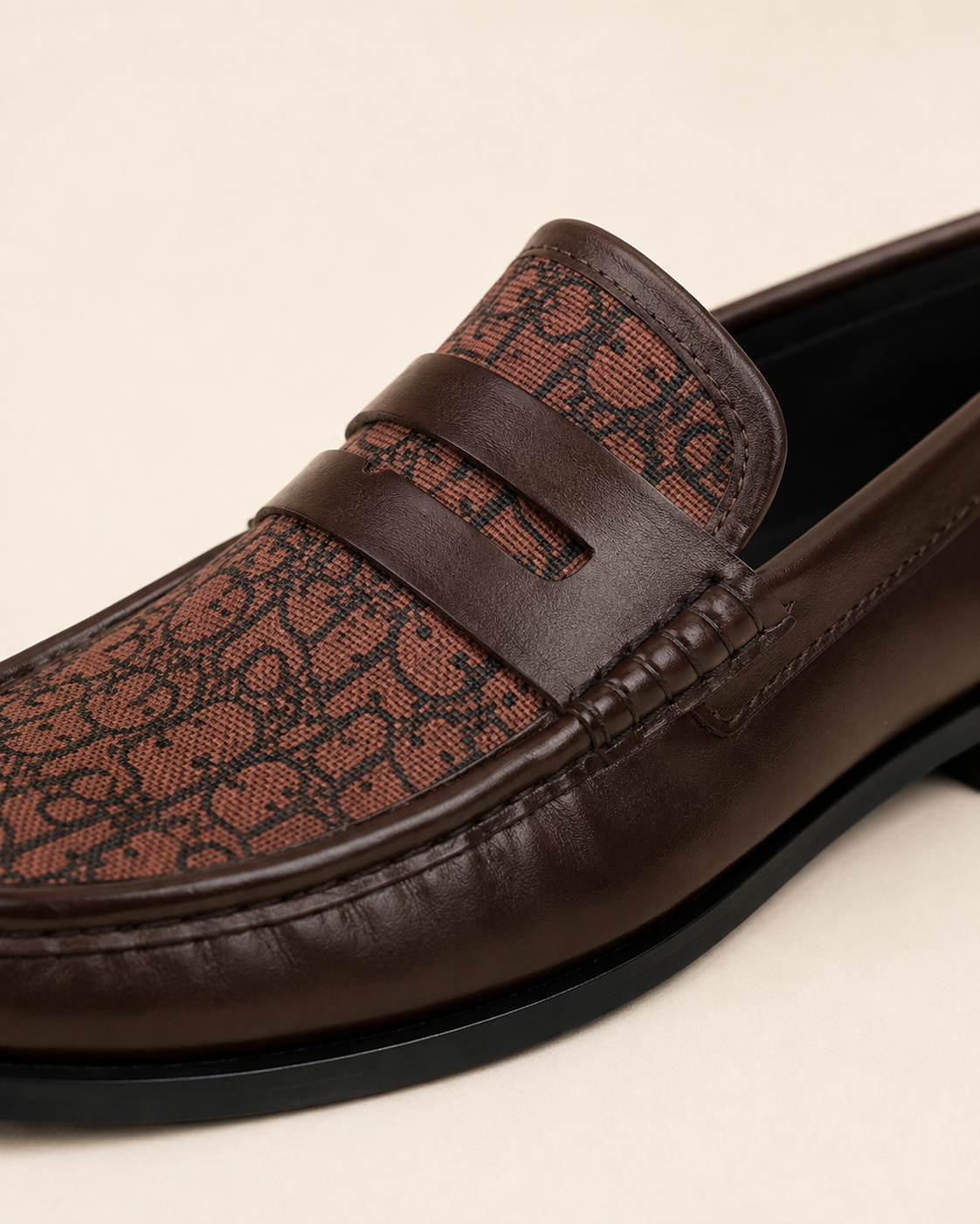 Men's Brown Leather & Monogram Canvas Penny Loafers