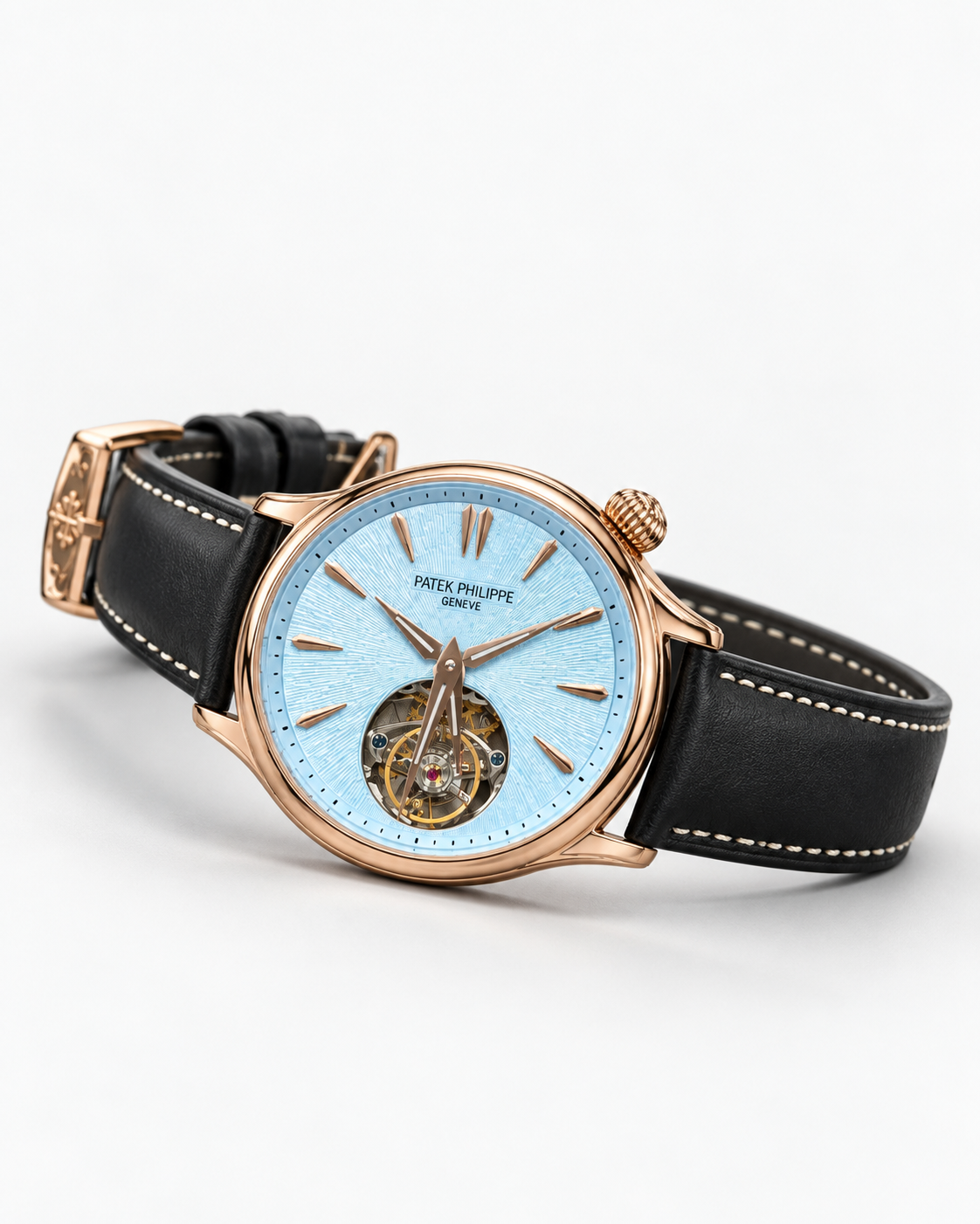 Patek Philippe Geneve Rose Gold Tourbillon with Ice Blue Textured Dial & Black Leather Strap