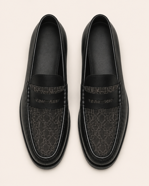 A Classic Men's Black Leather Penny Loafers with Patterned Fabric Vamp