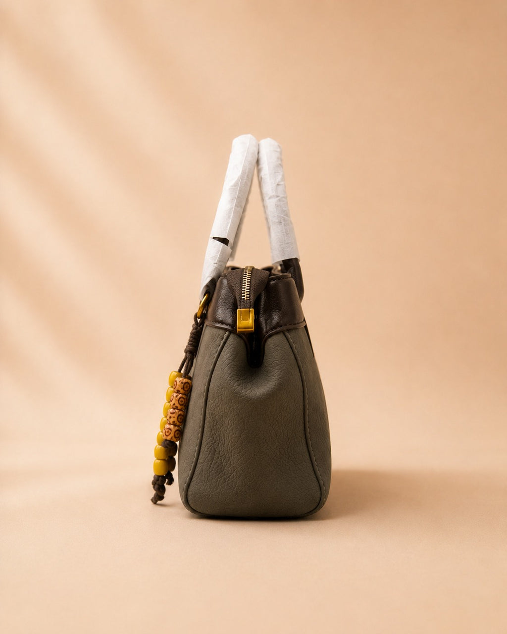 Rustic Olive & Dark Brown Handbag with Beaded Tassel