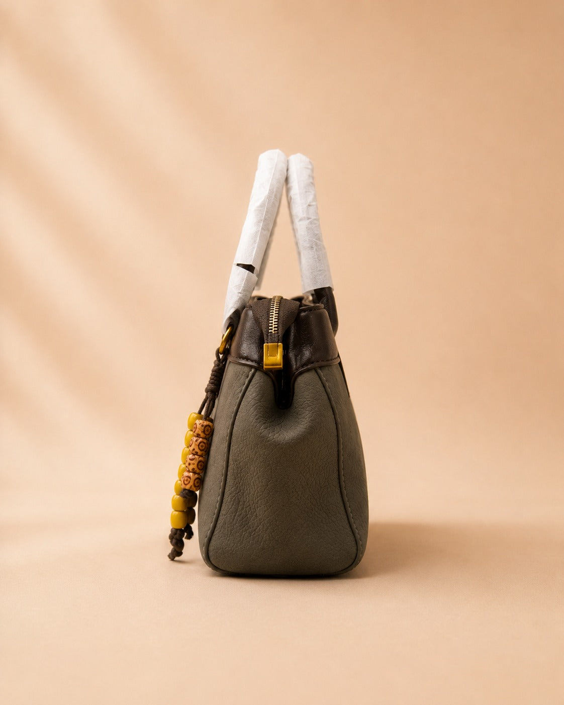 Rustic Olive & Dark Brown Handbag with Beaded Tassel