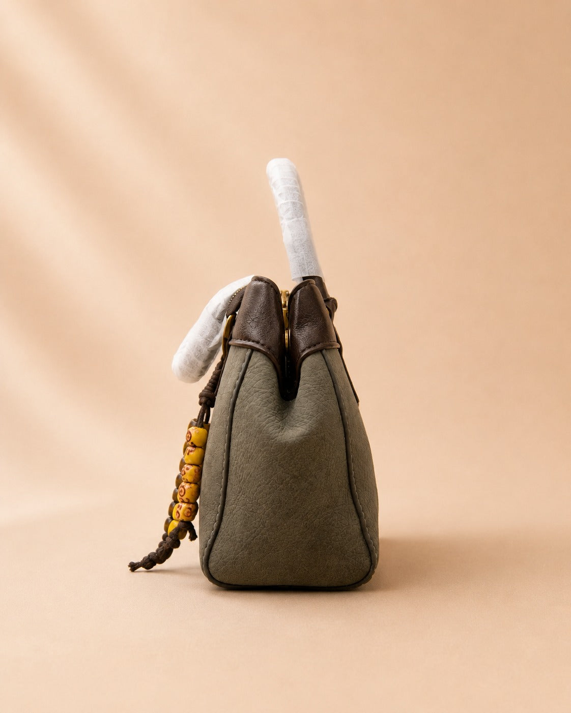 Rustic Olive & Dark Brown Handbag with Beaded Tassel