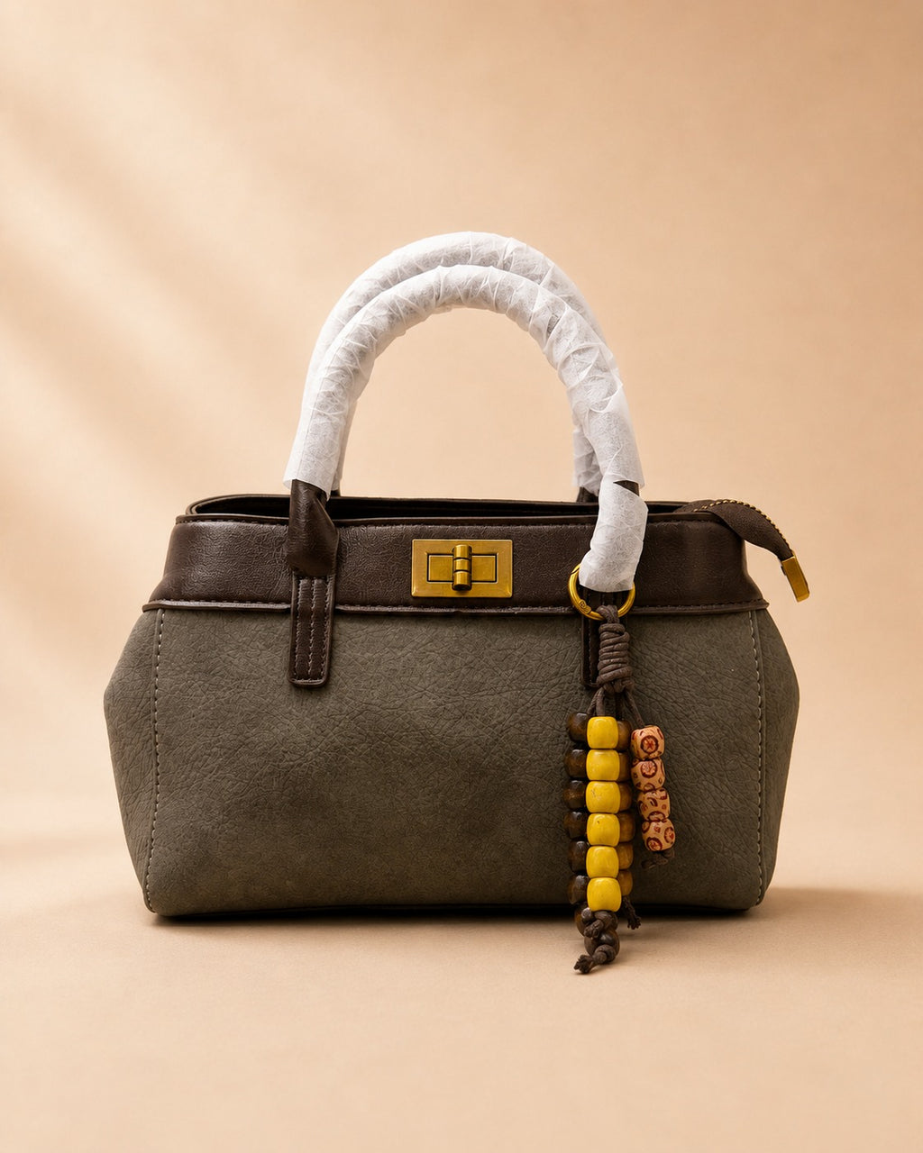 Rustic Olive & Dark Brown Handbag with Beaded Tassel