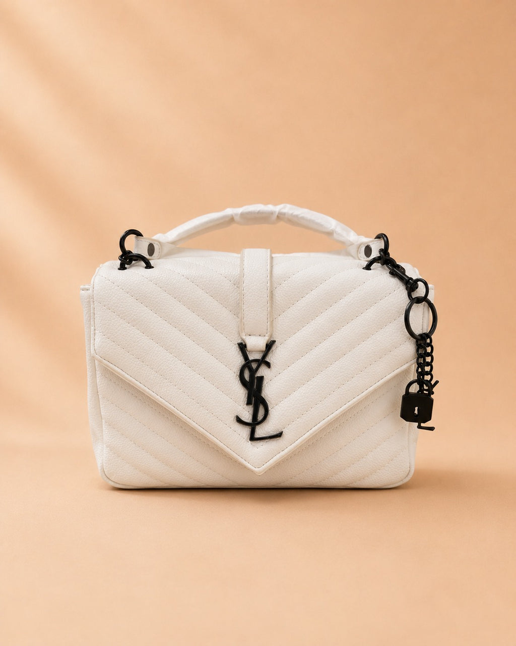 Off-White Chevron Quilted Top-Handle Bag with Matte Black Hardware