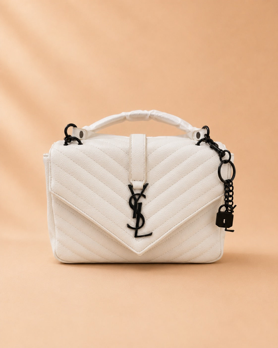 Off-White Chevron Quilted Top-Handle Bag with Matte Black Hardware
