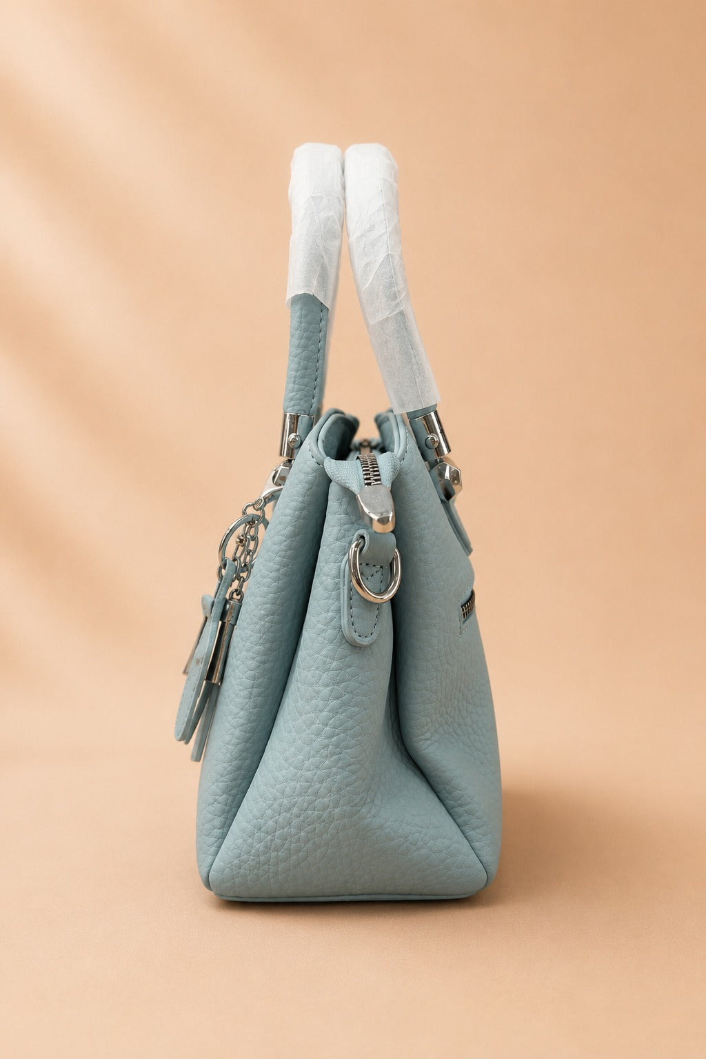 Light Blue Pebbled Faux Leather Satchel Bag with Star Charm