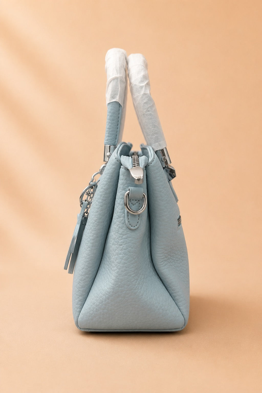 Light Blue Pebbled Faux Leather Satchel Bag with Star Charm