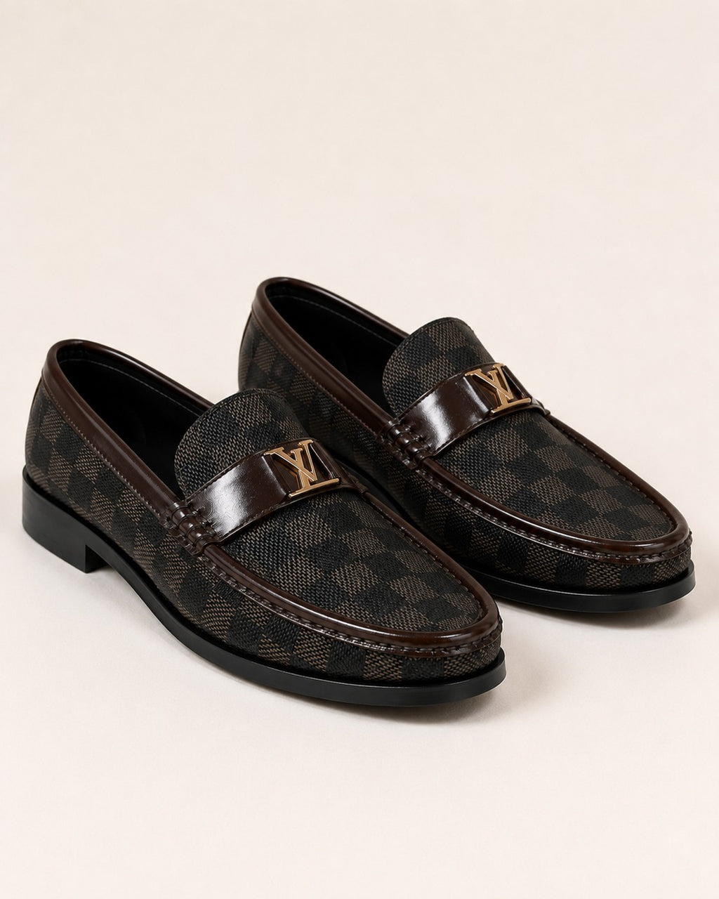 A Classic LV-Inspired Signature Monogram Penny Loafers