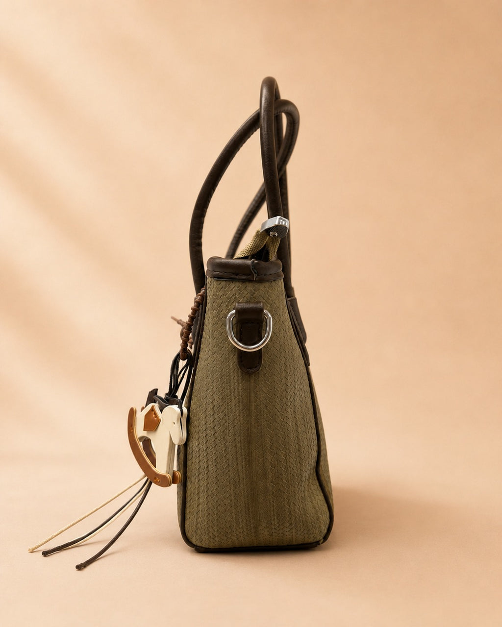 Olive Green Woven-Texture Tote Bag with Rocking Horse Charm