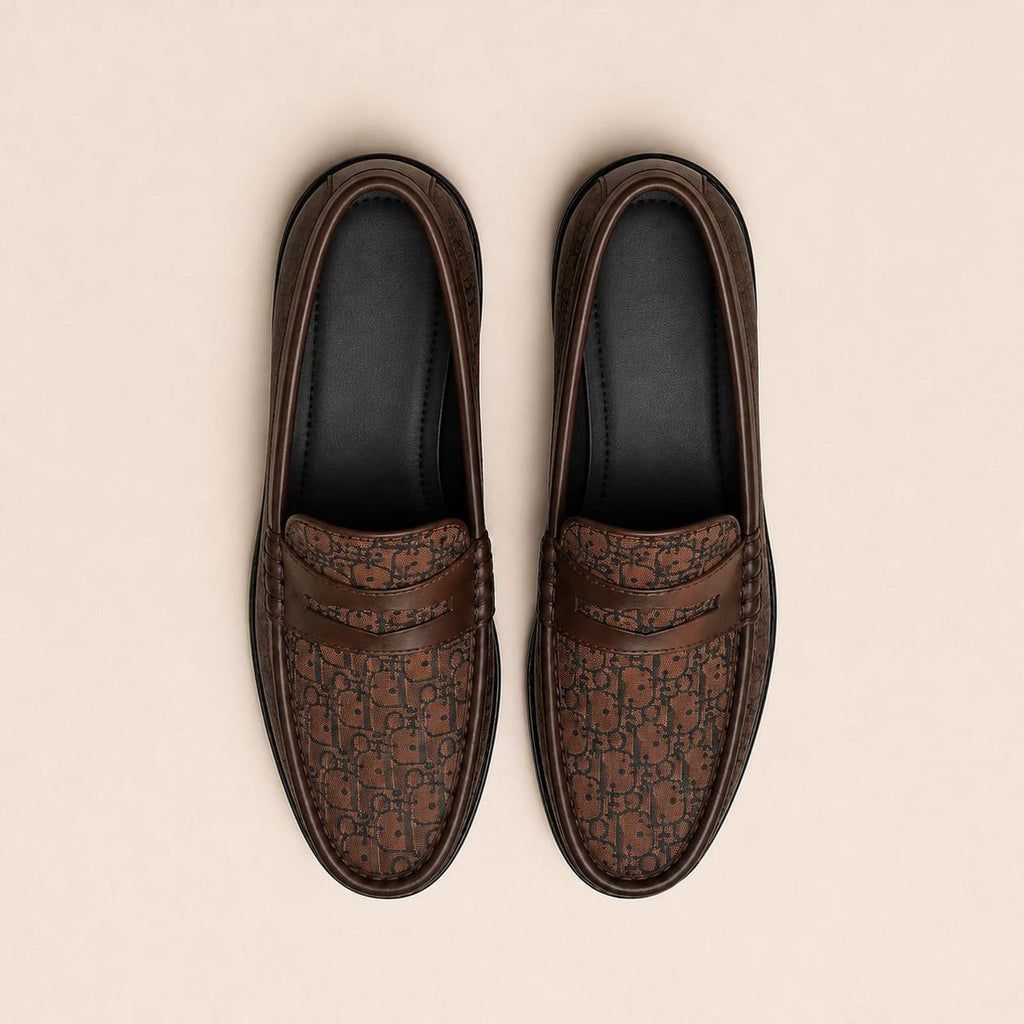 Men's Brown Leather & Monogram Canvas Penny Loafers