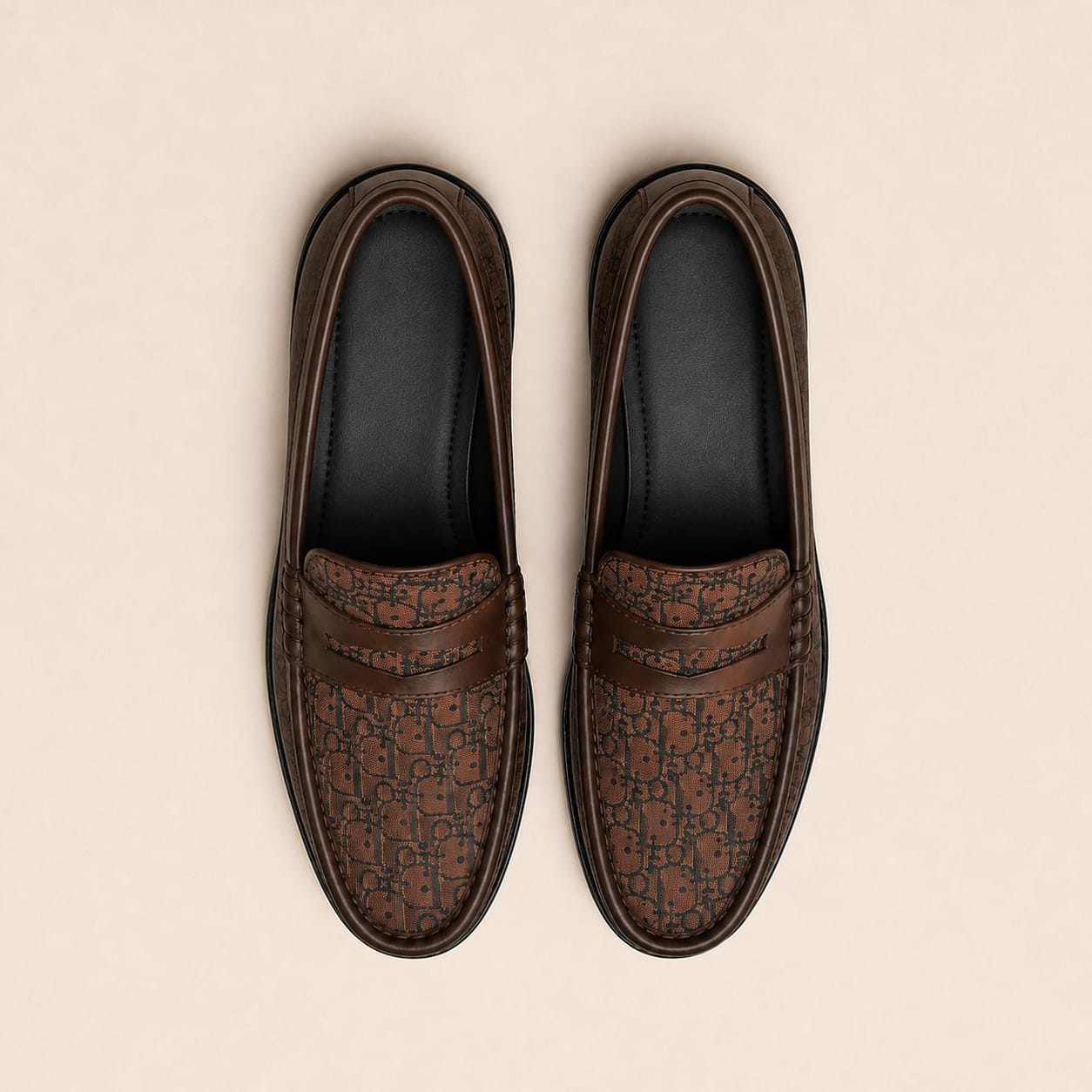 Men's Brown Leather & Monogram Canvas Penny Loafers