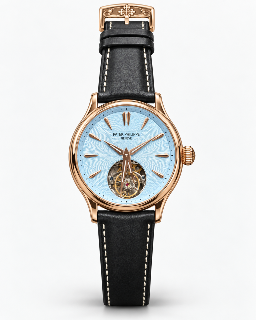 Patek Philippe Geneve Rose Gold Tourbillon with Ice Blue Textured Dial & Black Leather Strap