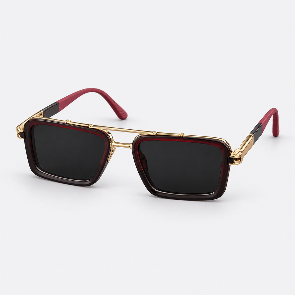 Luxury Square Aviator Sunglasses – Burgundy & Gold Double-Bridge Tinted Eyewear