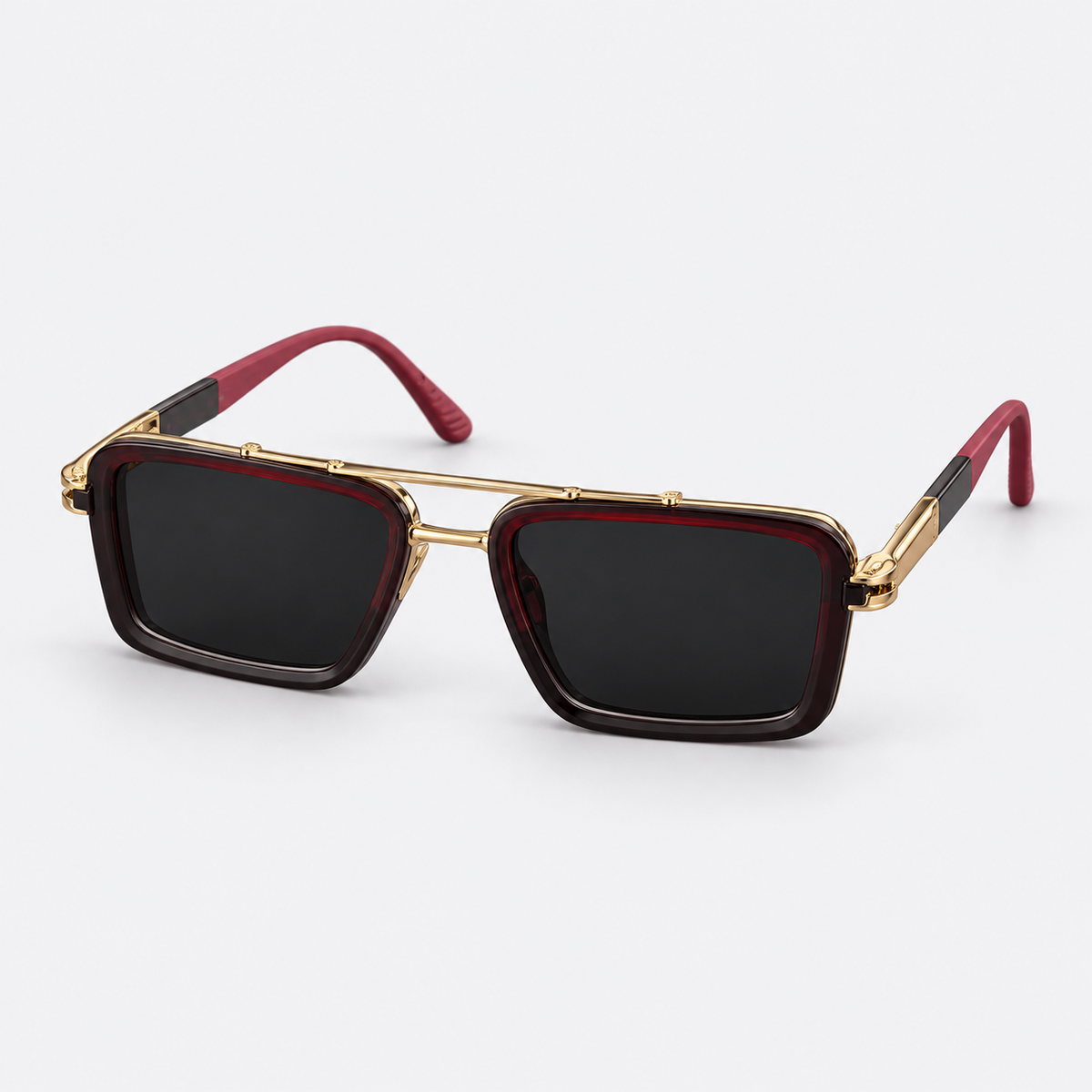 Luxury Square Aviator Sunglasses – Burgundy & Gold Double-Bridge Tinted Eyewear