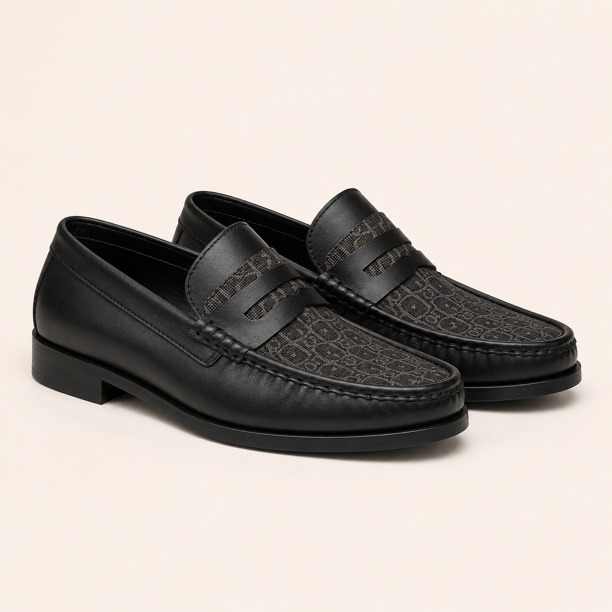 A Classic Men's Black Leather Penny Loafers with Patterned Fabric Vamp