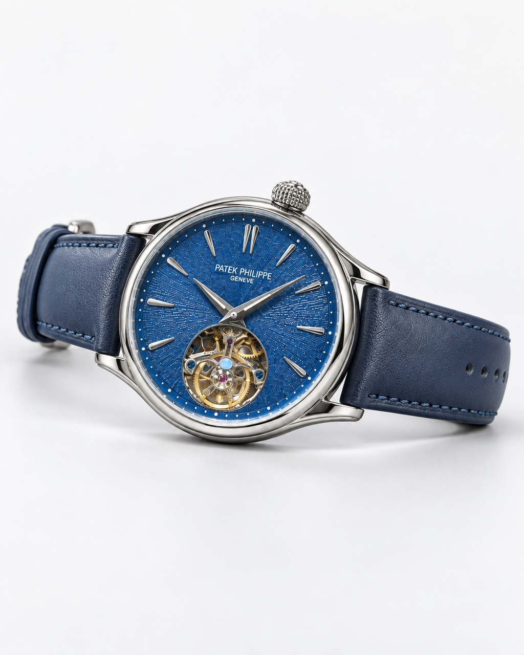 Patek Philippe Geneve Rose Gold Tourbillon with Ice Blue Textured Dial & Black Leather Strap