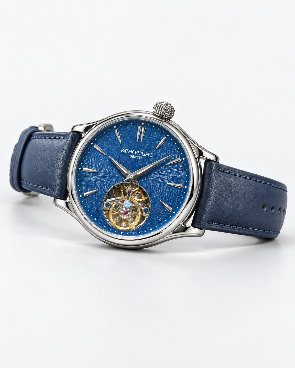 Patek Philippe Geneve Rose Gold Tourbillon with Ice Blue Textured Dial & Black Leather Strap